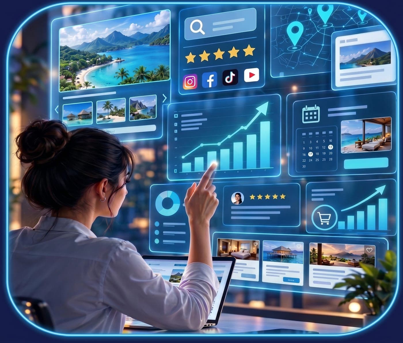 Una empresaria revisa en pantallas digitales las fotos, reseñas, mapa y ventas de su negocio turístico